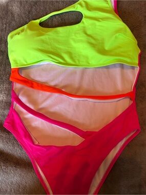 Women Neon Cutout One-Piece Swimsuit in Lime, Pink & Orange